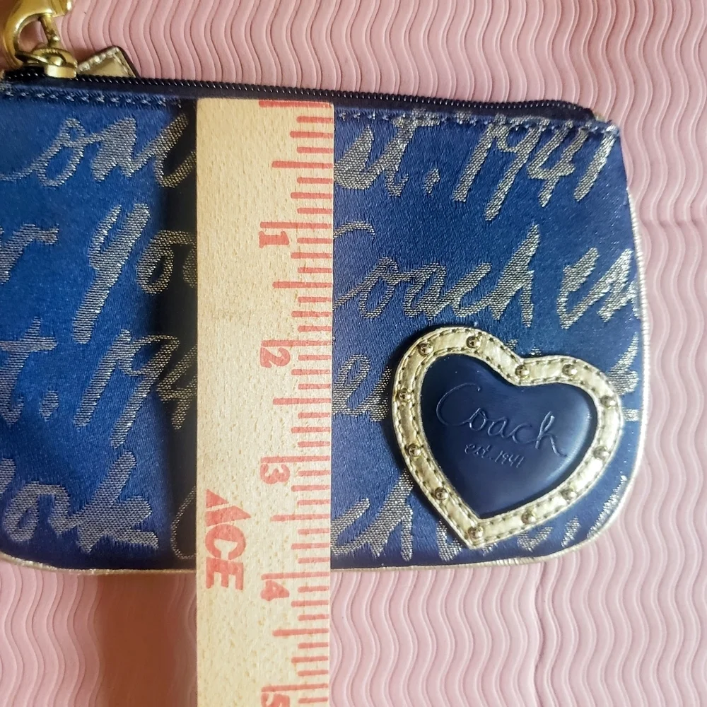 Coach Poppy New York Script Heart Lurex Small Wristlet Navy and Gold